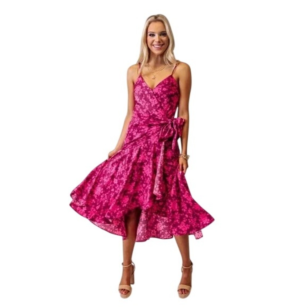 Dee Elly Pink Floral Wrap Midi Dress Womens Large High‎ Low Ruffle Hem Cocktail